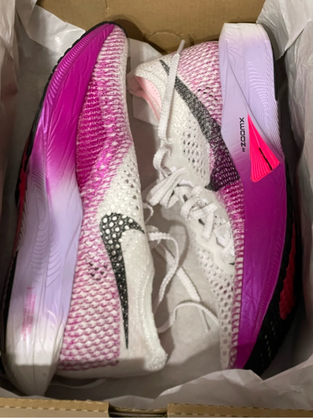 Nike ZoomX Vaporfly Next% 3 - Women’s 7.5 - White/Vivid Purple - 17 miles-No Box
